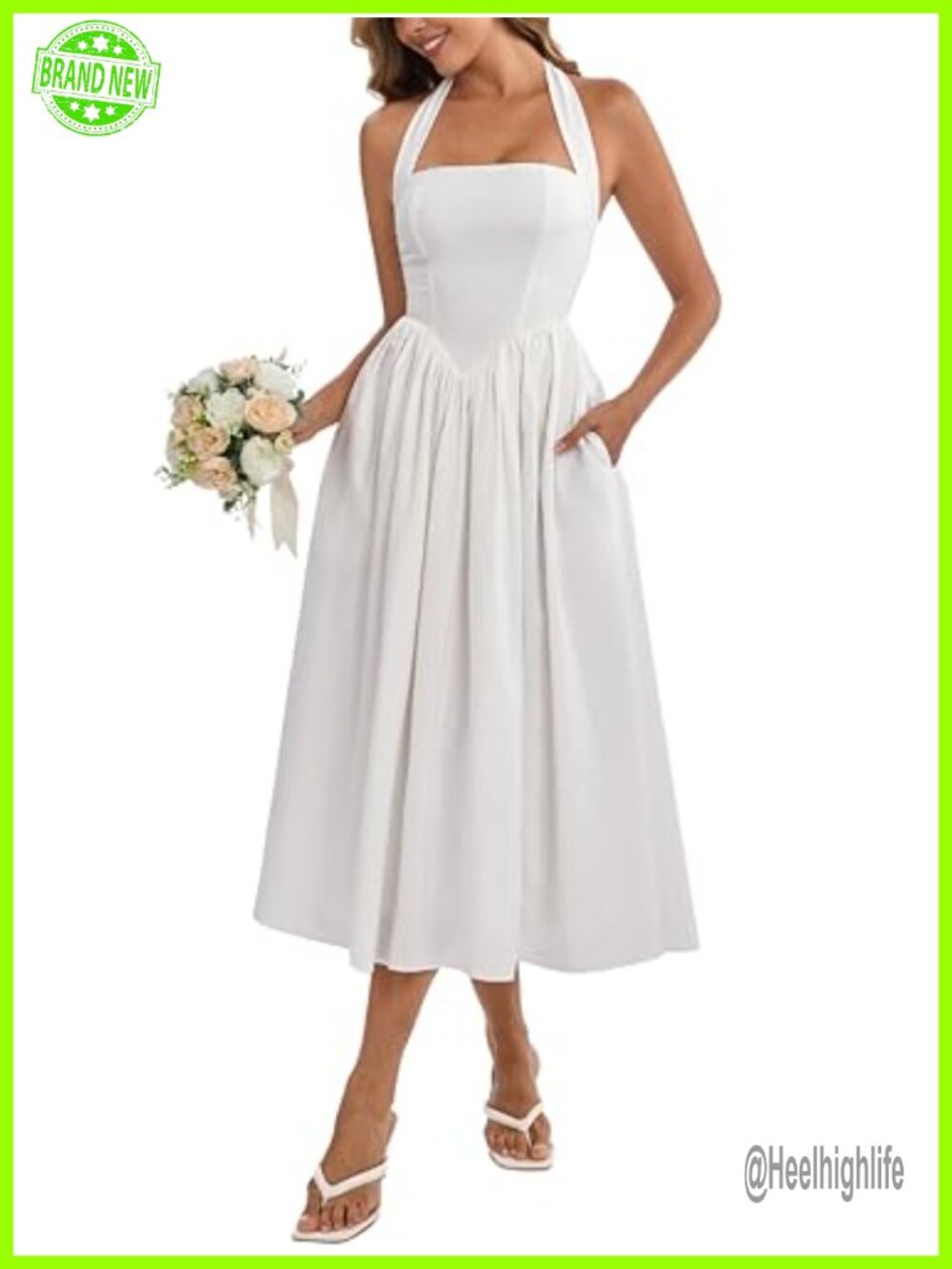 Parthea Halter Corset Midi Dress Open Back A-Line Wedding Guest Semi Formal